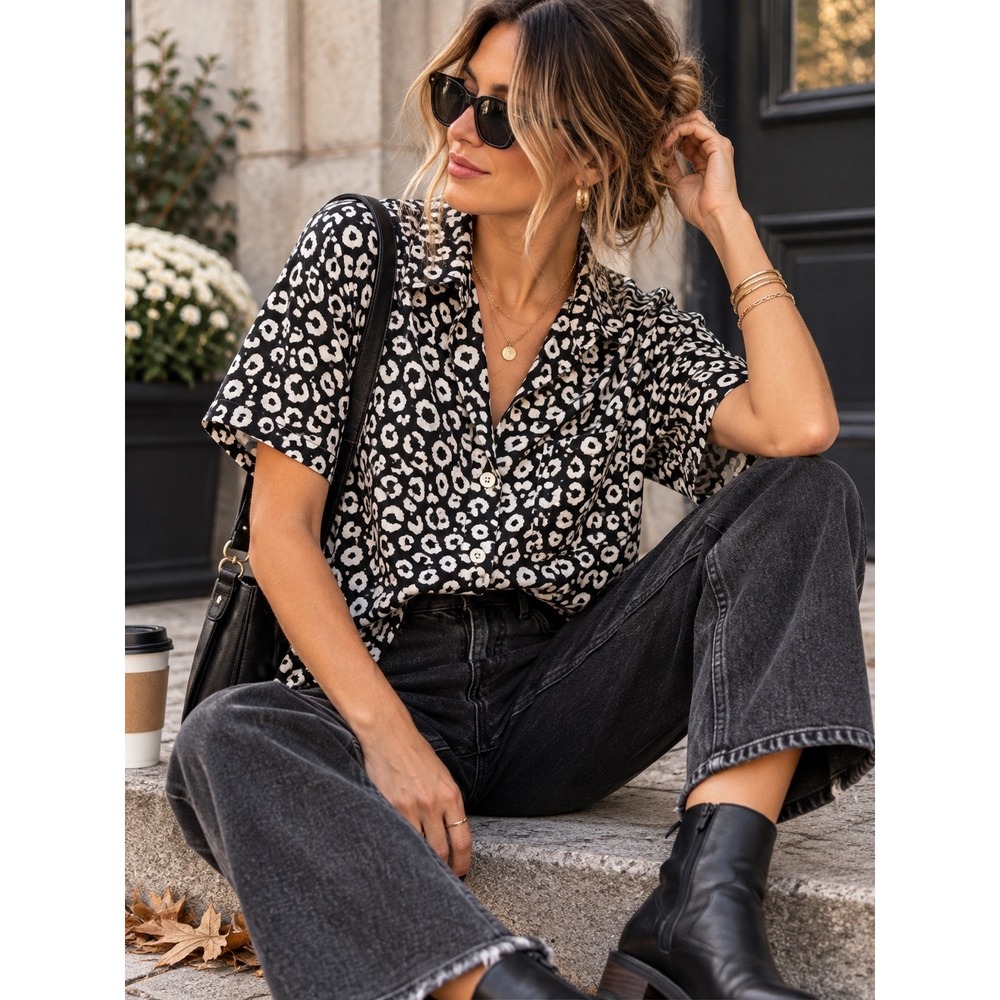 Urban Outfitters Animal Print Camp Shirt Black White Button Up Top M